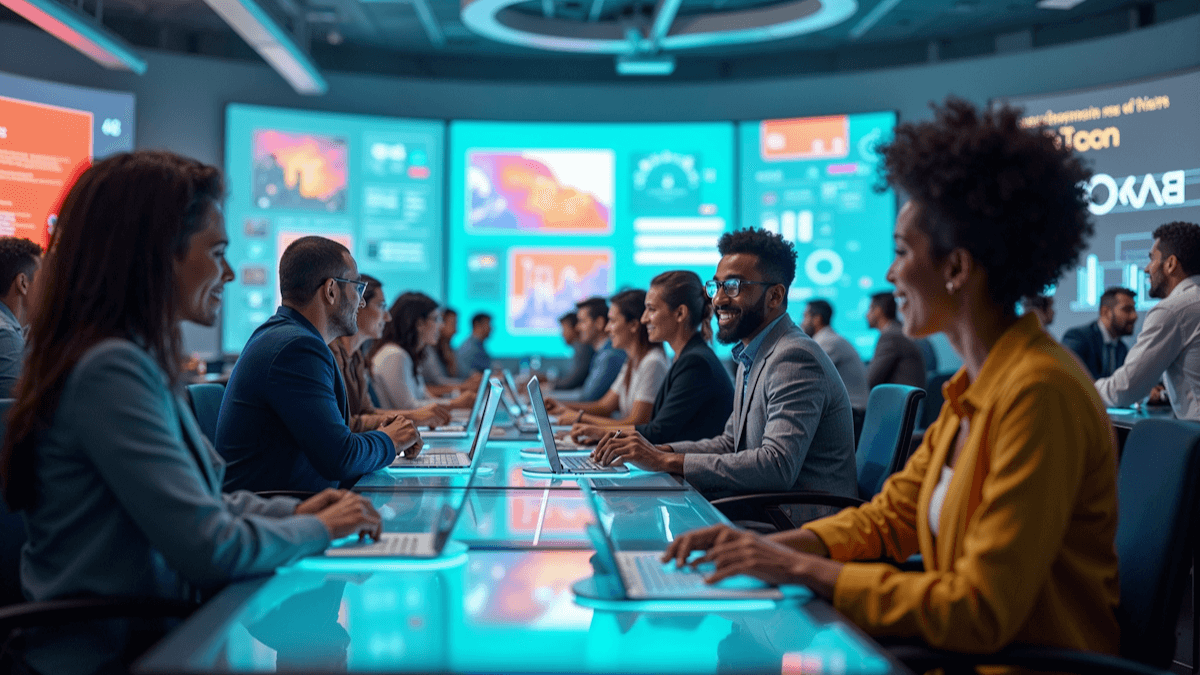 Attendees networking and exploring cutting-edge technology exhibits at a leading global innovation conference