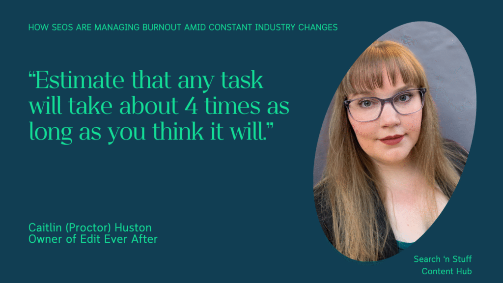 Caitlin Proctor Huston, Owner of Edit Even After, suggesting to estimate that any task will take about 4 times as long as you think it.