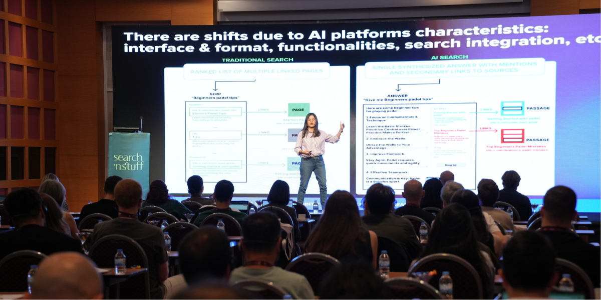 Aleyda Solis presenting “Winning Ecommerce Organic Search in an AI Era” on stage at Search ’n Stuff Antalya 2025 conference.