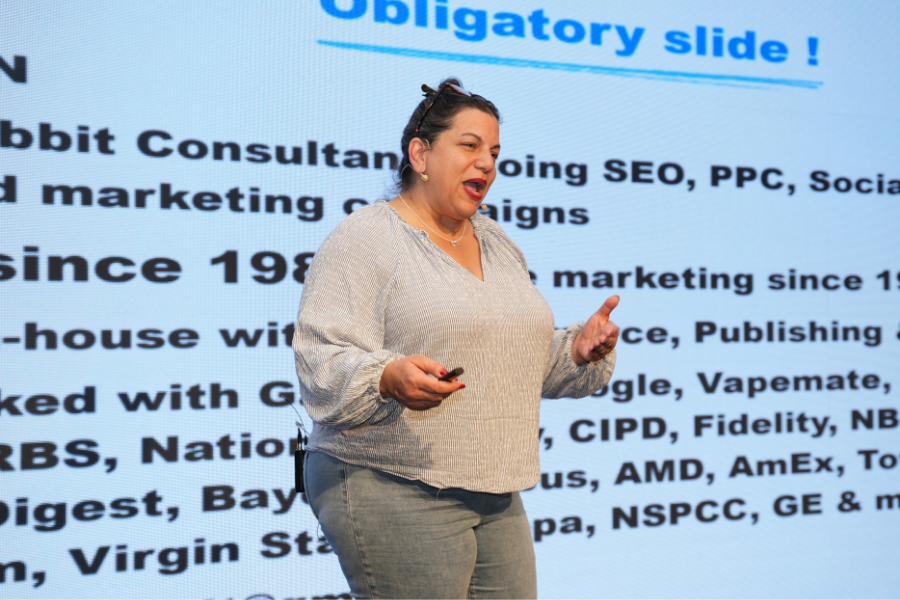 Judith Lewis presenting “AI-enhanced SEO Reporting for Smarter Strategic Insights” on stage at Search ’n Stuff Antalya 2025 conference.